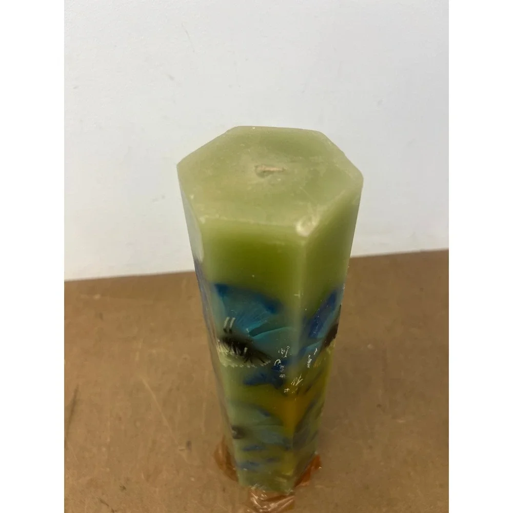 Vintage Handmade Candle Hippie Hexagon Floral Pillar Green Blue 70s Artisan MCM